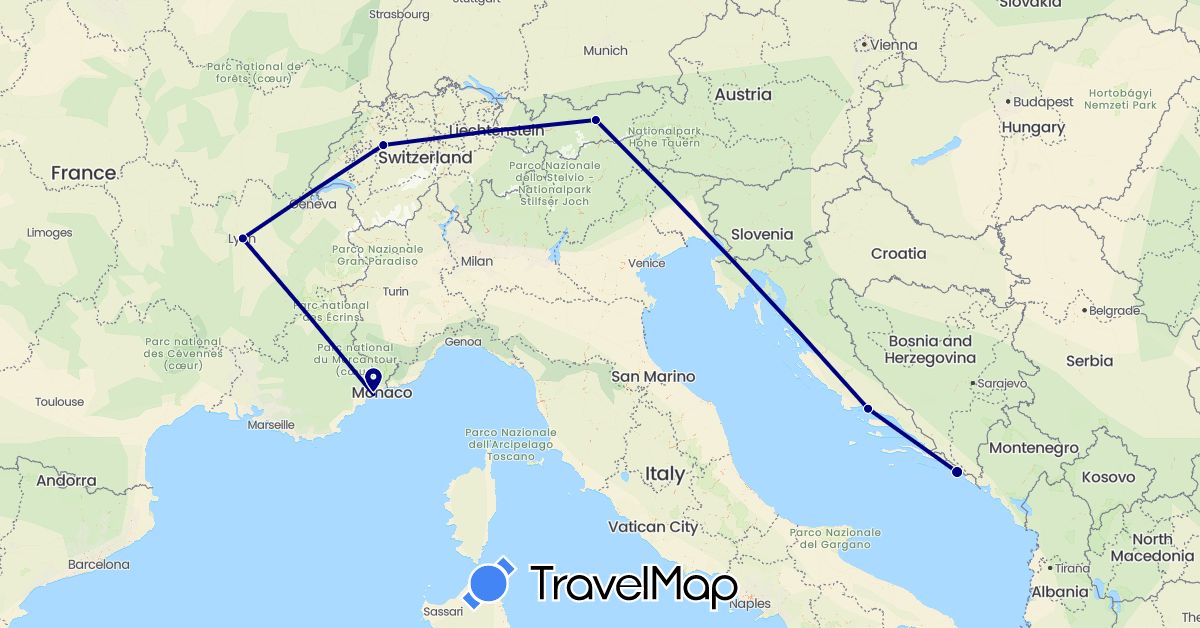 TravelMap itinerary: driving in Austria, Switzerland, France, Croatia (Europe)
